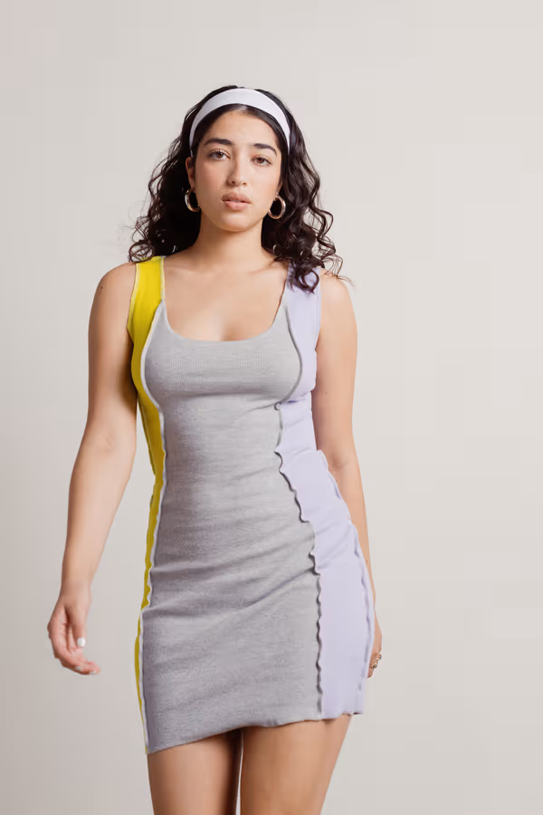 Saucy Exposed Stitch Bodycon Mini Dress - Grey Multi