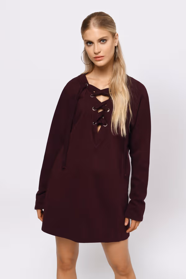 Sophia Lace Up Mini Dress - Wine
