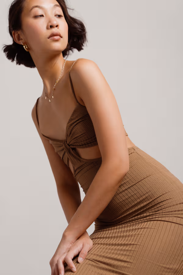 Oh I See Cutout Ribbed Midi Dress - Mocha
