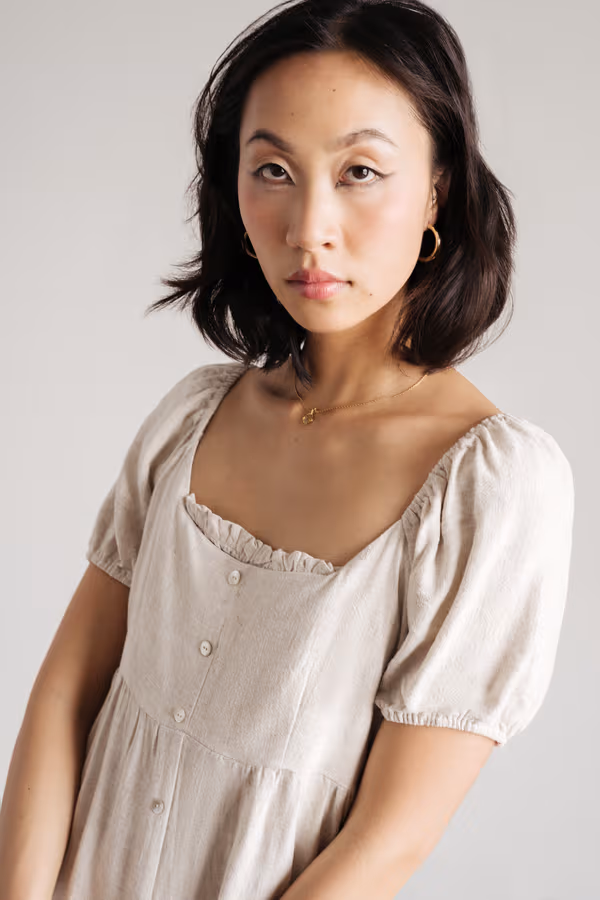 Yvette Puff Sleeve Skater Mini Dress - Beige