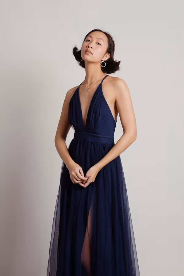 Here To Slay Plunging High Slit Maxi Dress - Navy