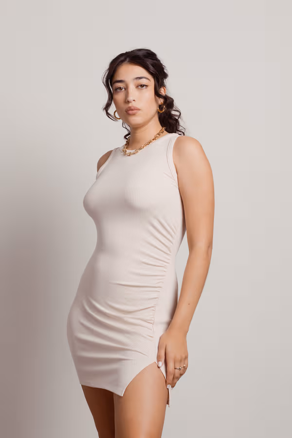 Amine Ribbed Bodycon Mini Dress - Nude