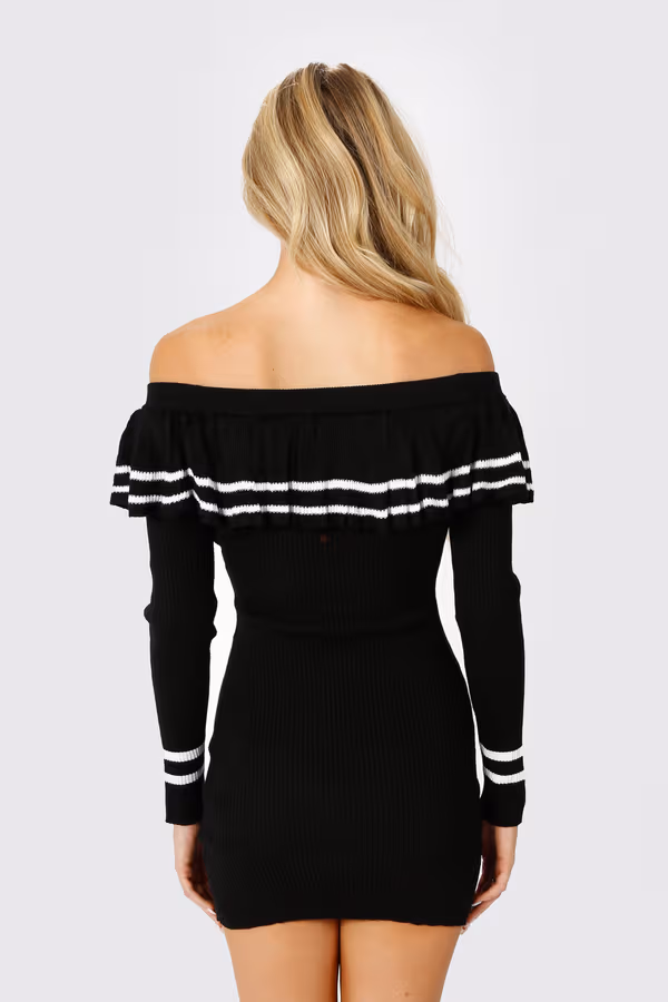 Christina Ribbed Off The Shoulder Mini Dress - Black