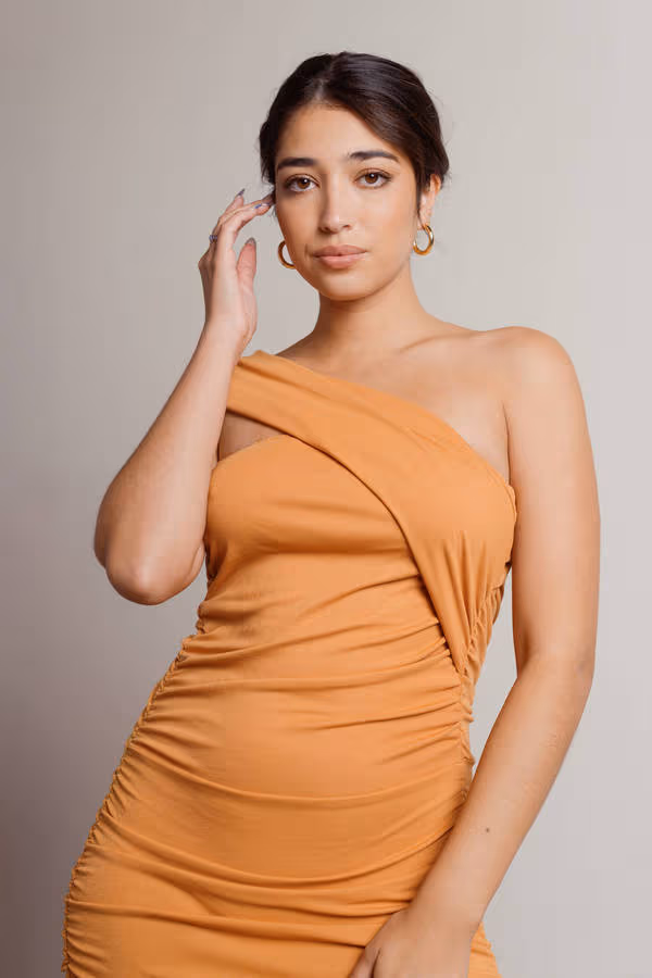 Anya One Shoulder Ruched Mini Dress - Orange