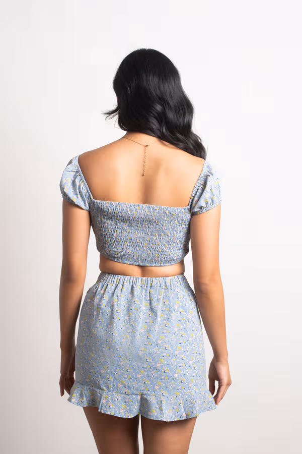 Wait No Longer Floral Crop Top and Mini Skirt Set - Blue