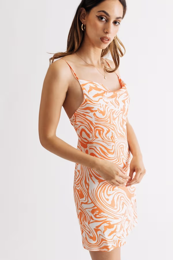Kayleigh Cowl Neck Abstract Print Mini Dress - Orange Multi