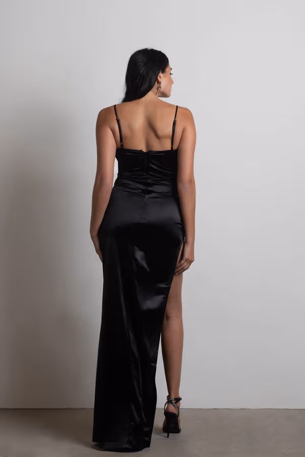 Heartbreaker Satin High Slit Maxi Dress - Black