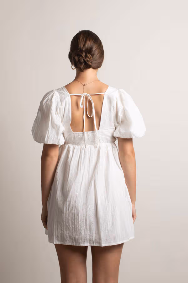 Takara White Puff Sleeve Babydoll Mini Dress