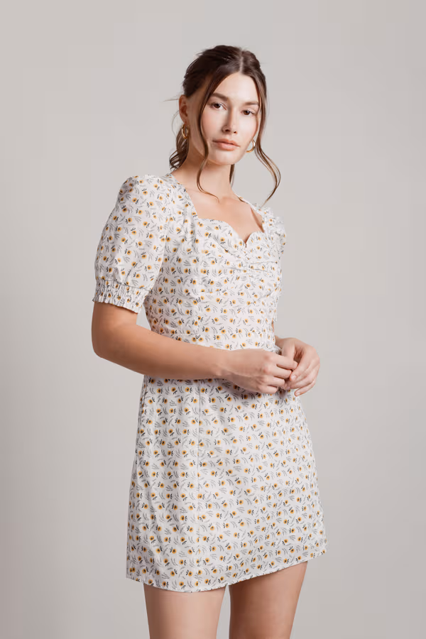 Kylaa Puff Sleeve Skater Mini Dress - White Multi