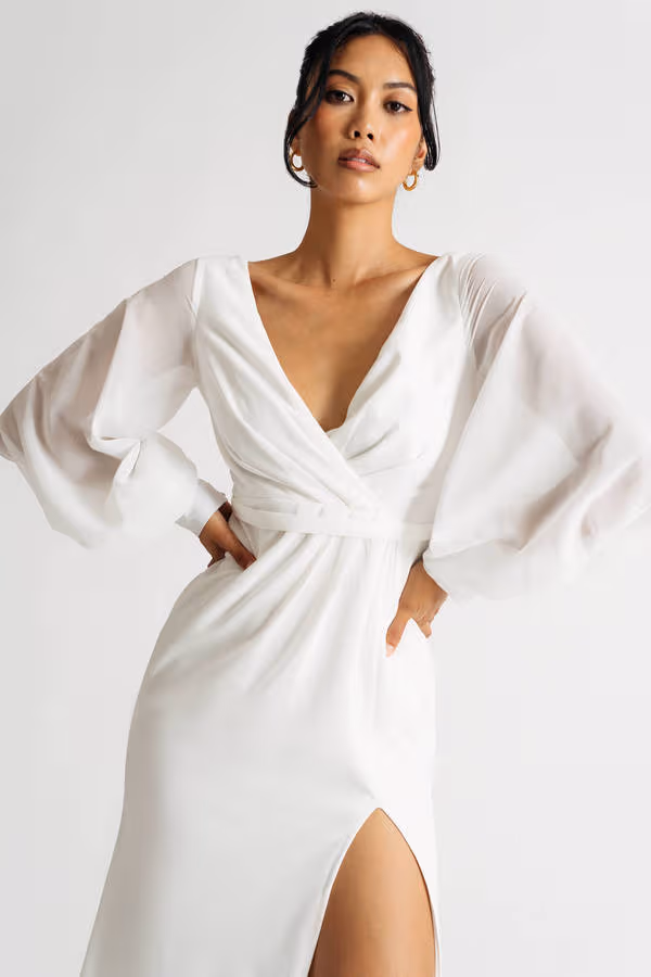 Ladies Only Ivory Sheer Long Sleeve Slit Maxi Dress