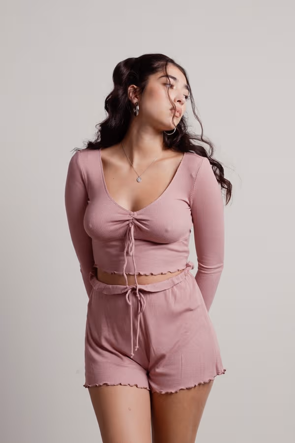 Aisha Ribbed Crop Top and Short Set - Mauve