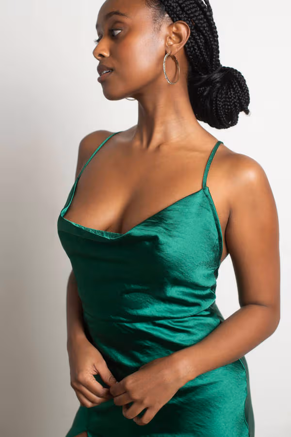 Always Yours Satin High Slit Midi Dress - Green