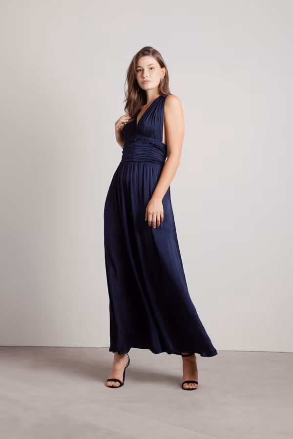Goddess Satin Smocked Maxi Dress - Navy