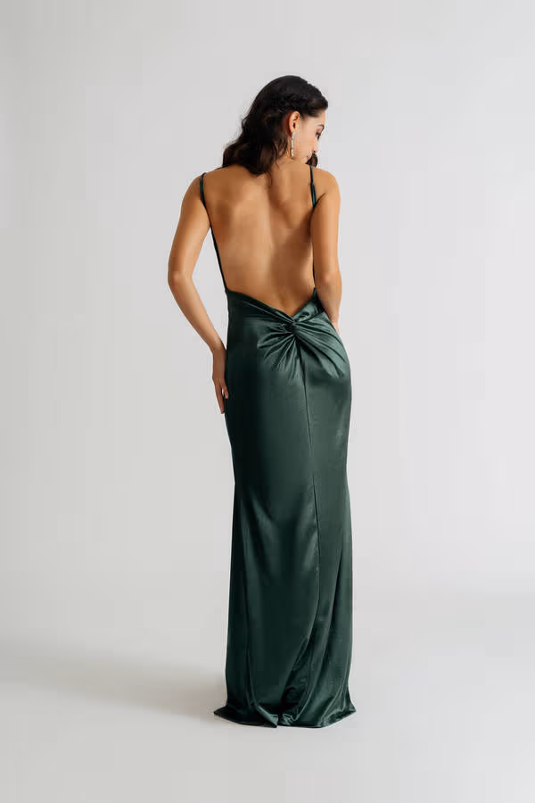 Lovestruck Hunter Green Satin Slit Twist Maxi Dress