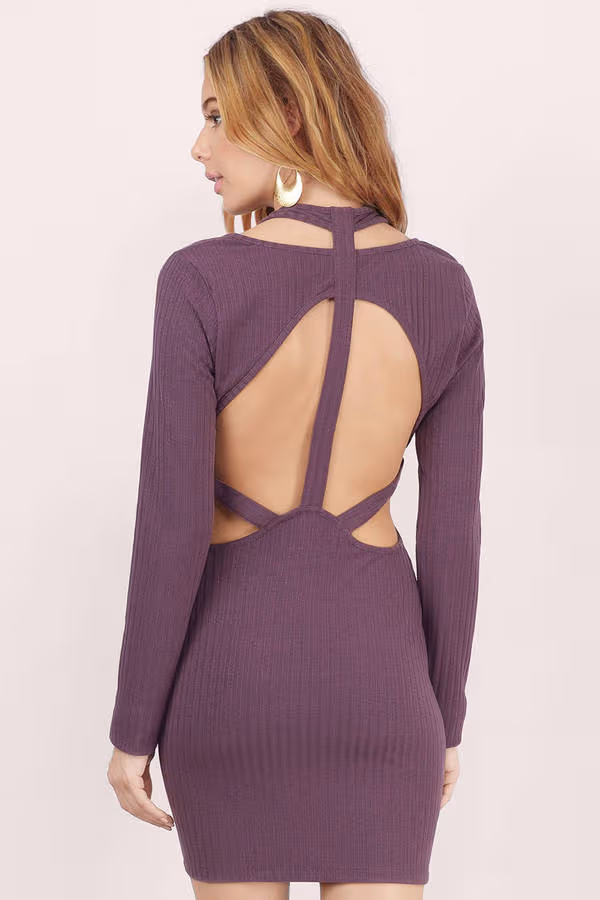 Caught Up Ribbed Open Back Mini Dress - Mauve