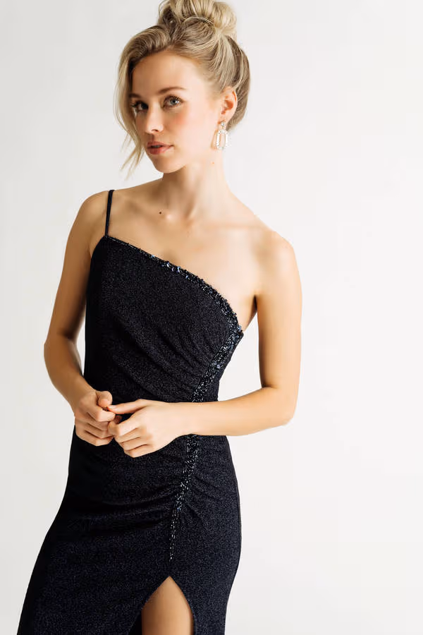 Betty Metallic High Slit Maxi Dress - Navy