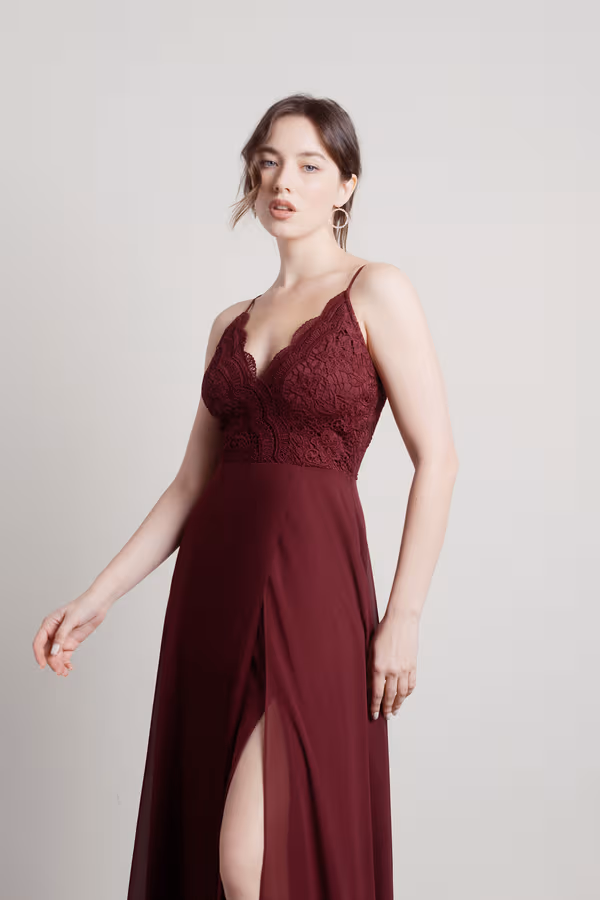 Unforgettable Lace High Slit Maxi Dress - Burgundy