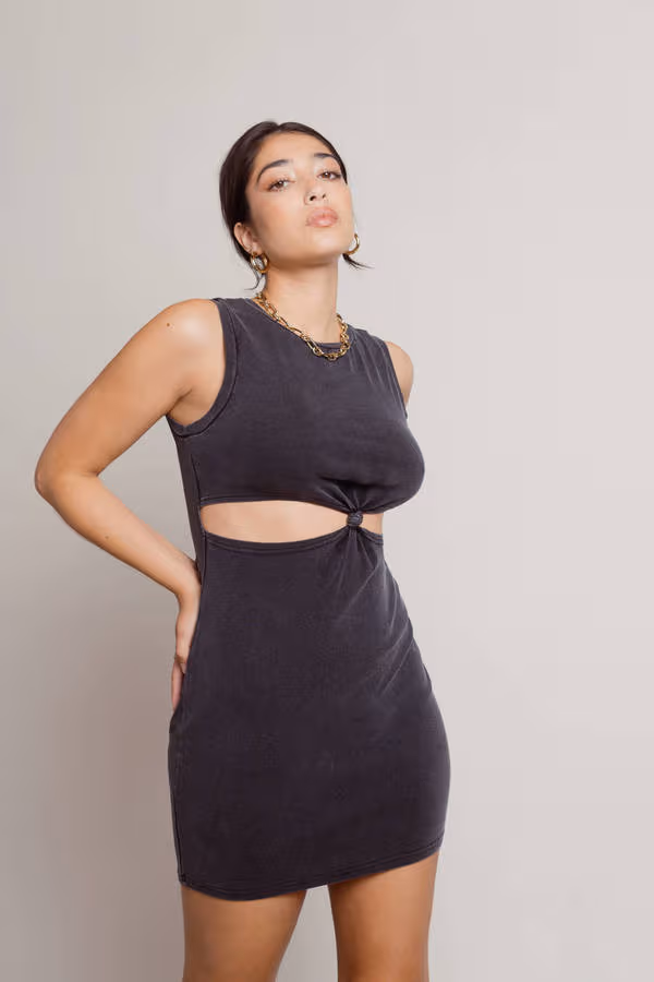 Underneath It All Front Knot Cutout Mini Dress - Washed Black