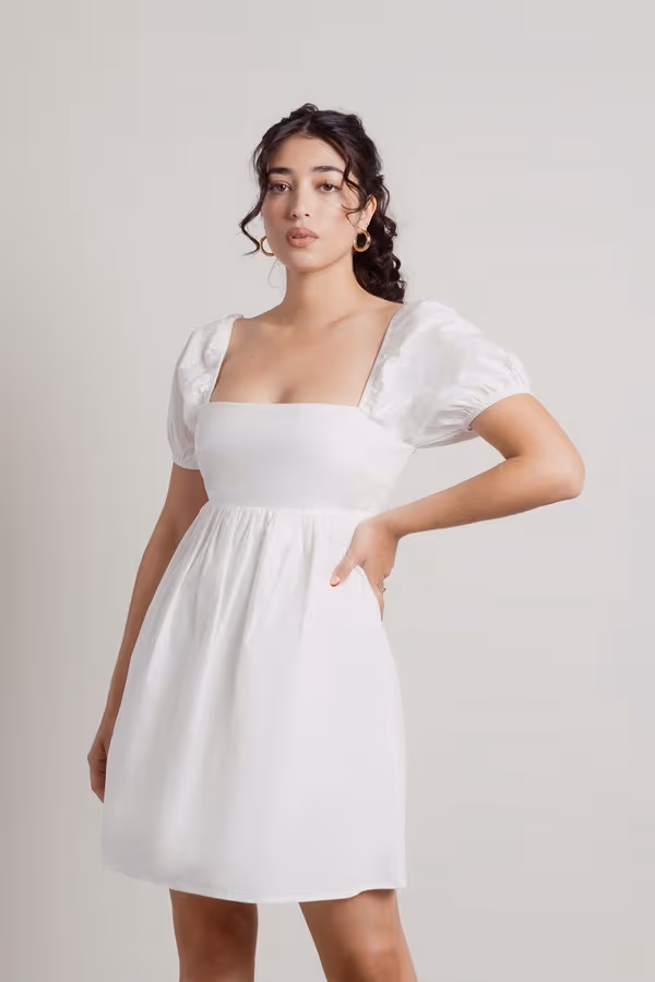 Love You Less White Back Tie Puff Sleeve Babydoll Dress