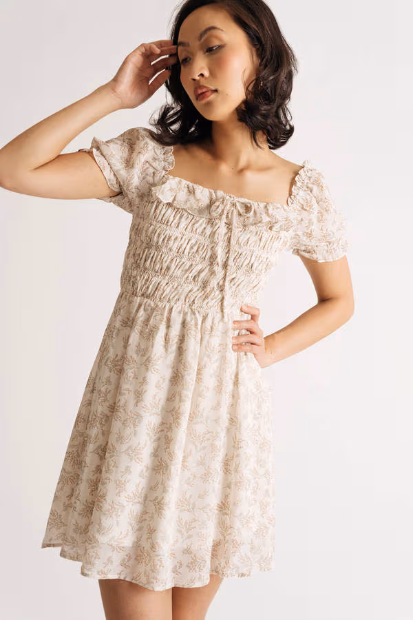 Selina Smocked Floral Mini Dress - Cream Multi