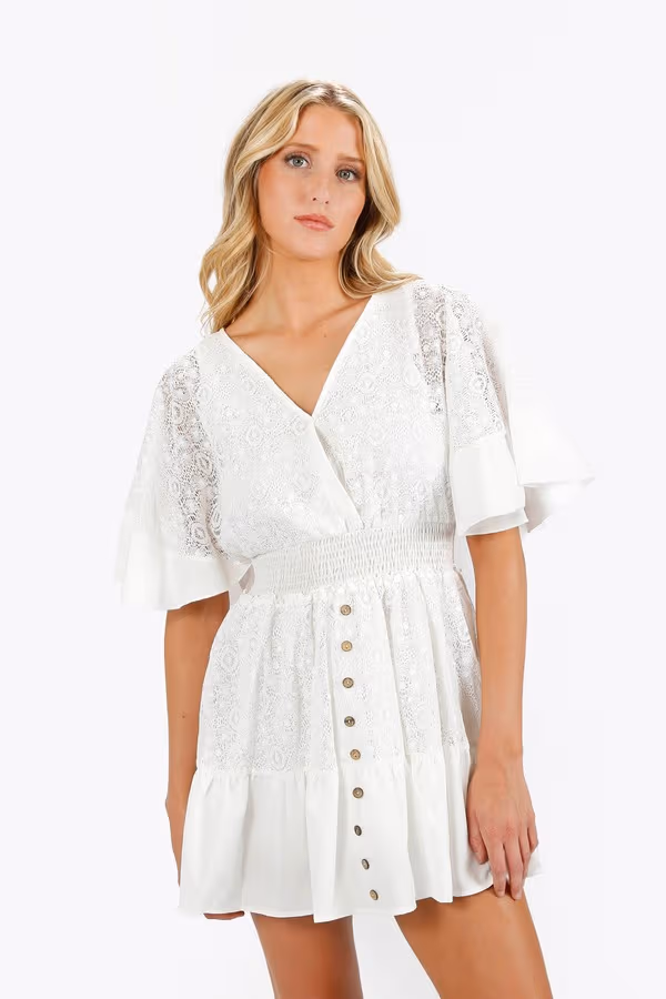 Jayanne Lace Flutter Sleeve Mini Dress - White