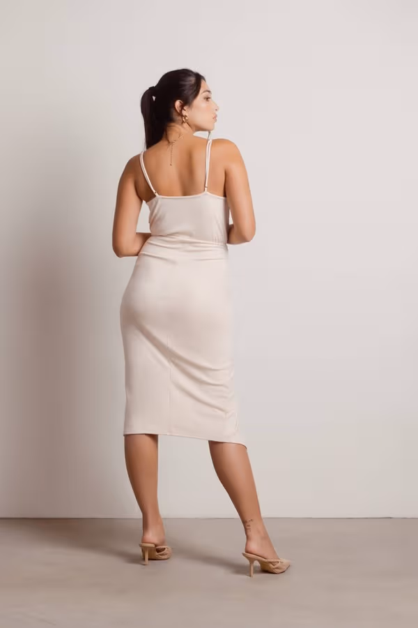Common Sense Slit Wrap Midi Dress - Beige