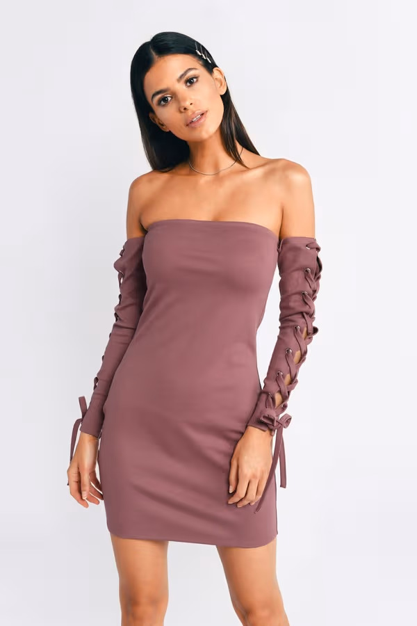 Danielle Lace Up Sleeve Bodycon Mini Dress - Dark Rose