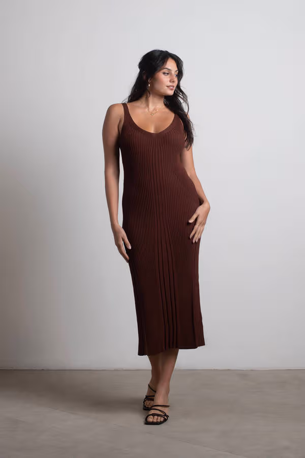 Brown Sugar Ribbed Bodycon Midi Dress - Brown