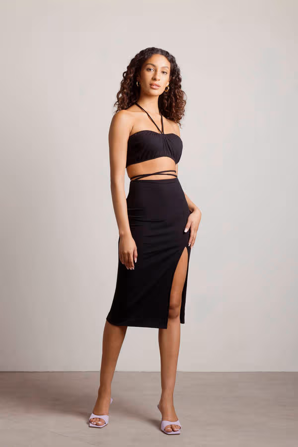 Ricky Ribbed Crop Top and Midi Skirt Set - Black
