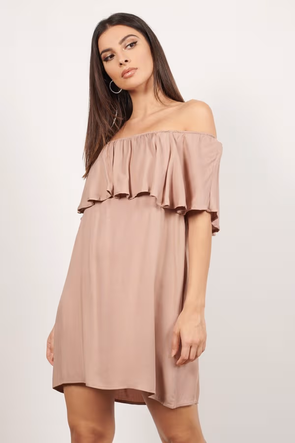 Don't Be Shy Off The Shoulder Shift Mini Dress - Taupe