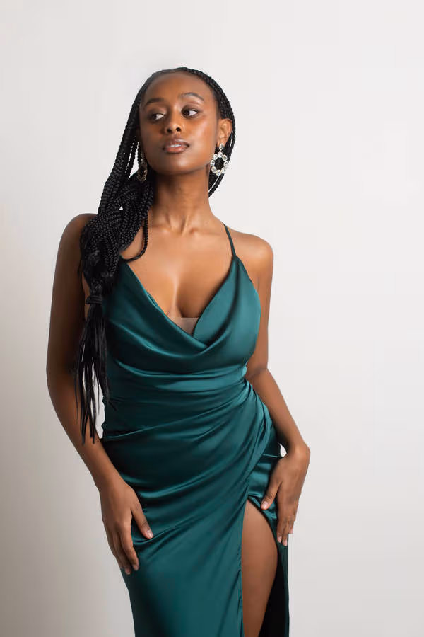 Bright Lights Satin High Slit Maxi Dress - Emerald