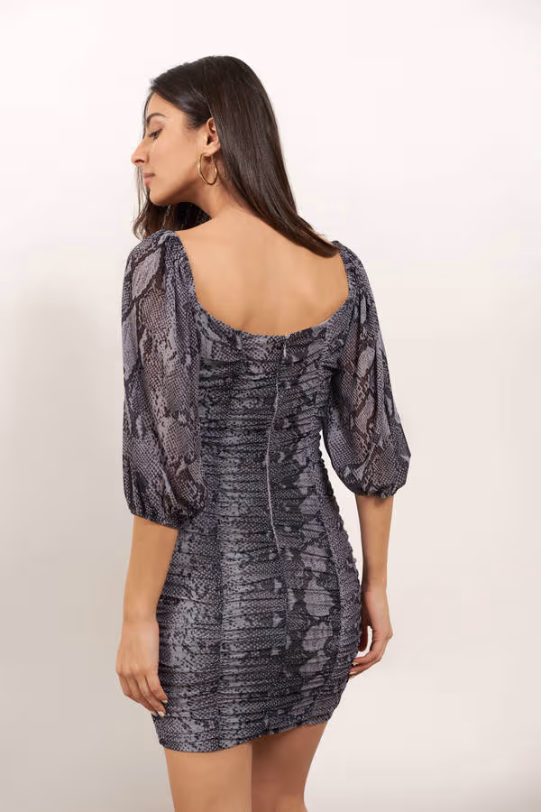 First Hiss Snake Print Balloon Sleeve Mini Dress - Grey