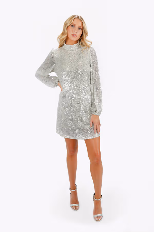 Kielle Sequin Mock Neck Mini Dress - Silver