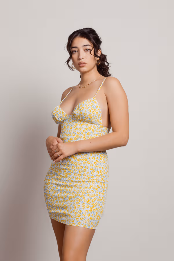 Love Interest Floral Bodycon Mini Dress - Yellow