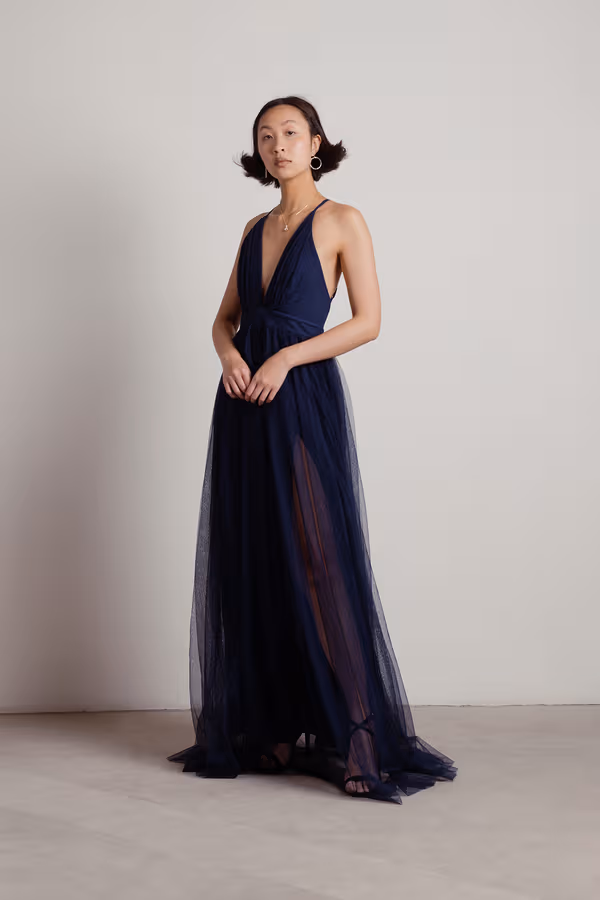 Here To Slay Plunging High Slit Maxi Dress - Navy