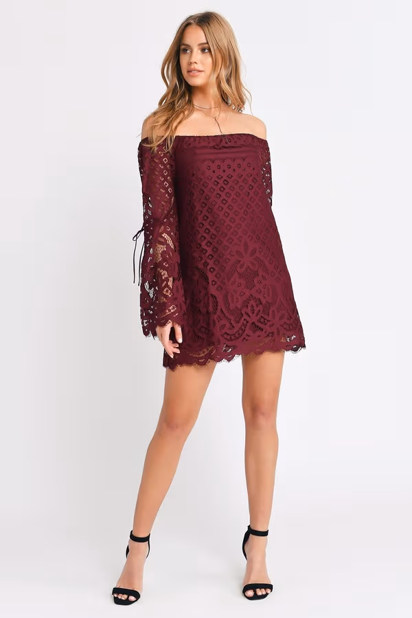 Take My Hand Off The Shoulder Lace Mini Dress - Wine