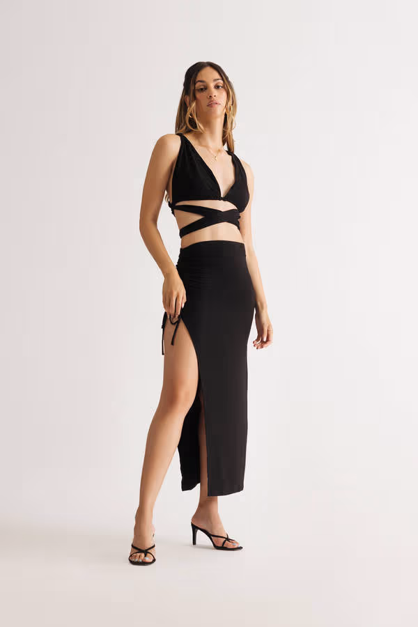 Kristy Criss Cross Top and Maxi Skirt Set - Black