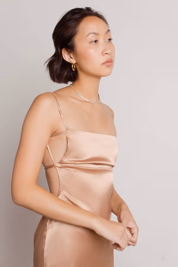 Nothing But Trouble Satin Open Back Mini Dress - Tan