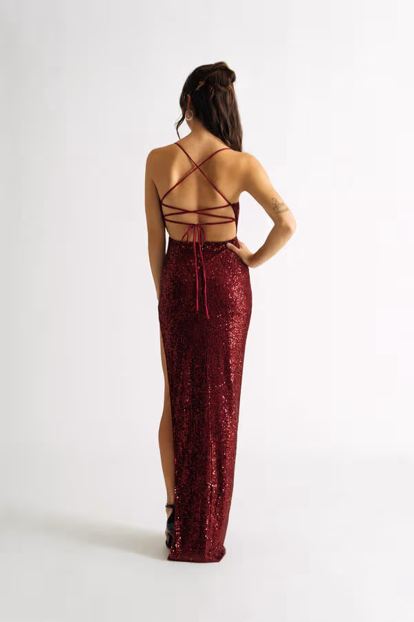 All About Me Cross Back High Slit Maxi Dress - Burgundy