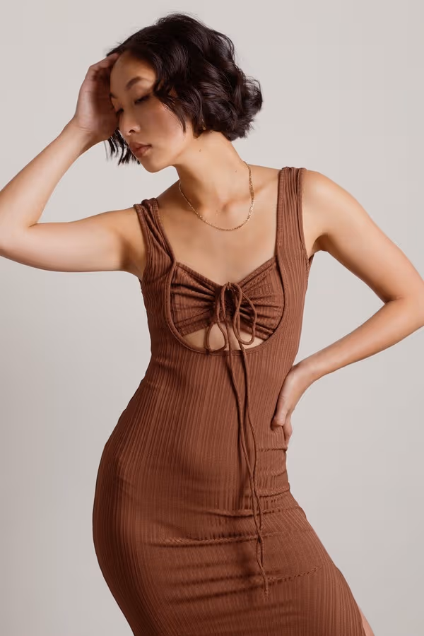 No Problem Ribbed Cutout Maxi Dress - Brown