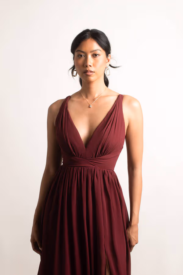 All I Ever Need Deep V High Slit Maxi Dress - Burgundy
