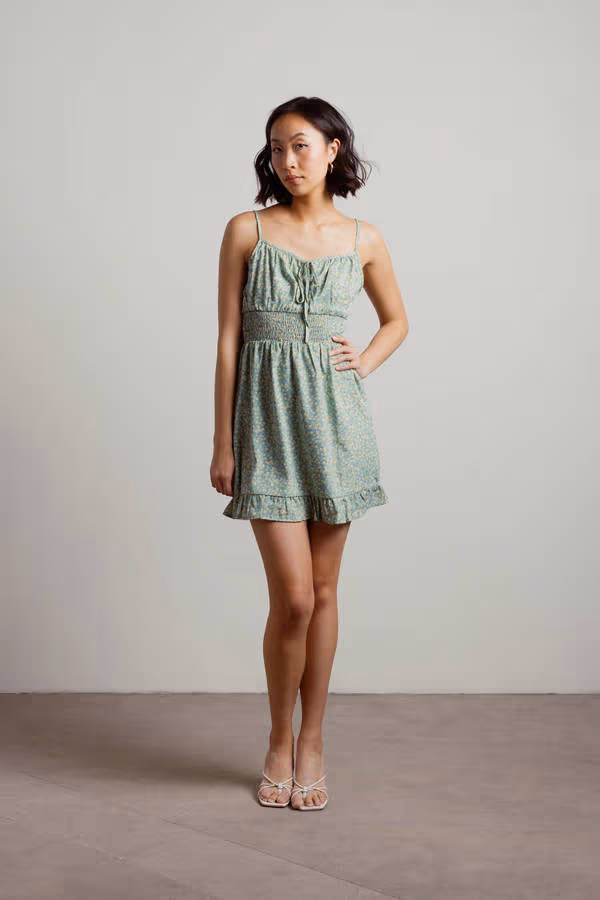 Waiting Around Floral Smocked Mini Dress - Green