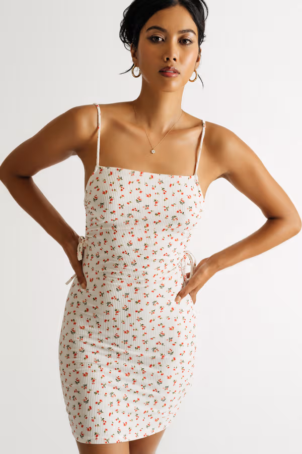 Left You On Read Floral Ribbed Mini Dress - Ivory Multi