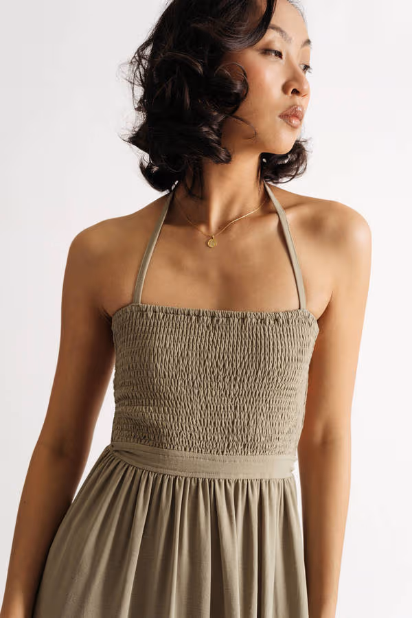 On To Something Smocked Open Back Midi Dress - Olive