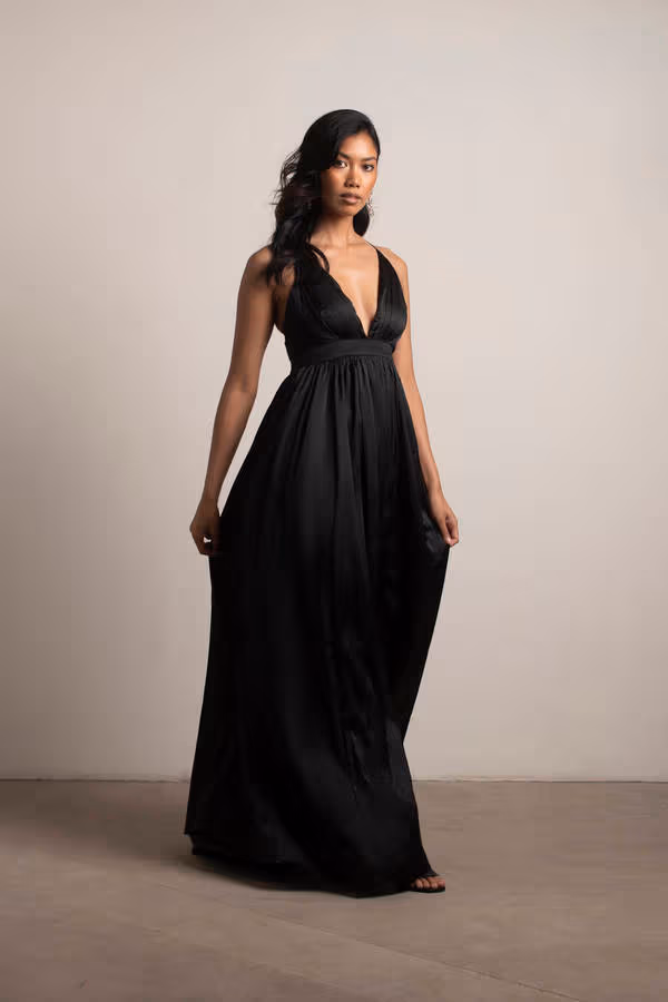 Just For The Night Black Satin Maxi Dress