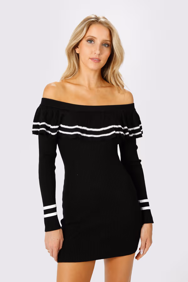 Christina Ribbed Off The Shoulder Mini Dress - Black