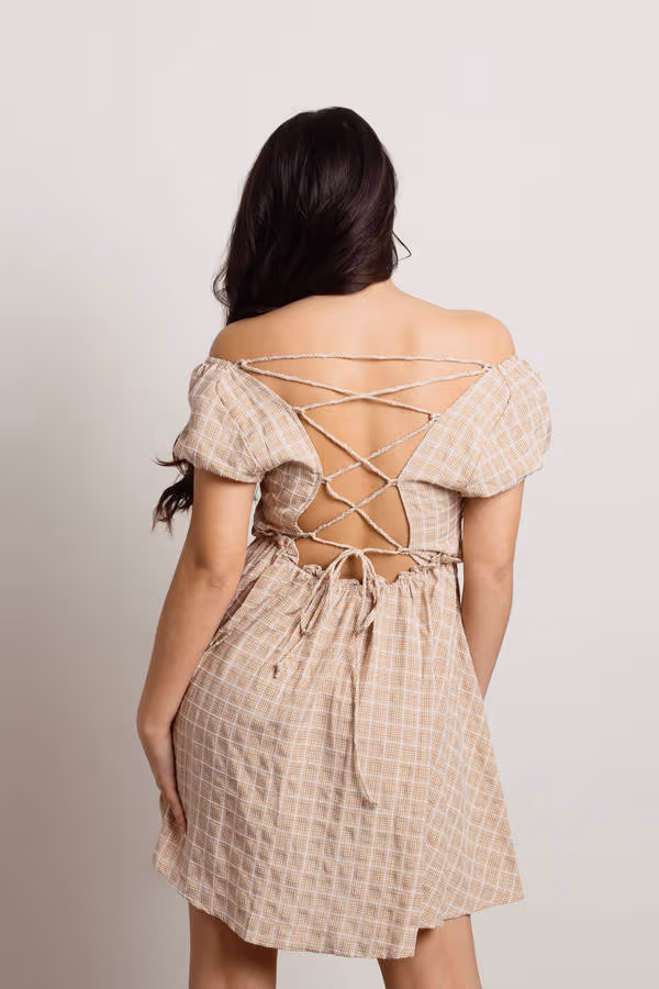 Lyndsey Lace Up Back Babydoll Mini Dress - Beige