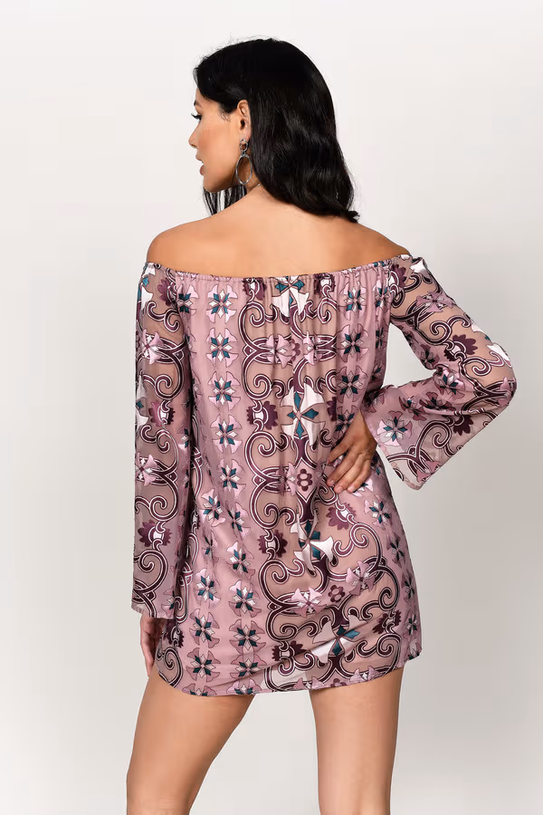 Emmie Off The Shoulder Shift Mini Dress - Mauve