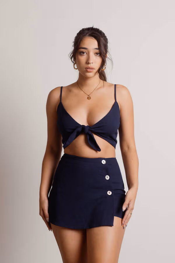 LA Forever Tie Front Crop Top and Skort Set - Navy