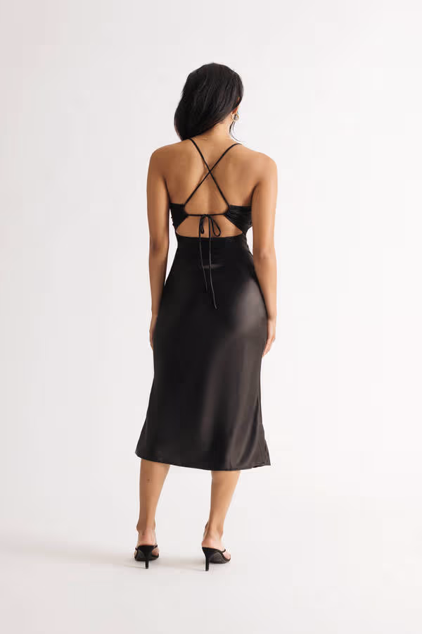 Take Me Out Beige Satin Twist Cutout Midi Dress